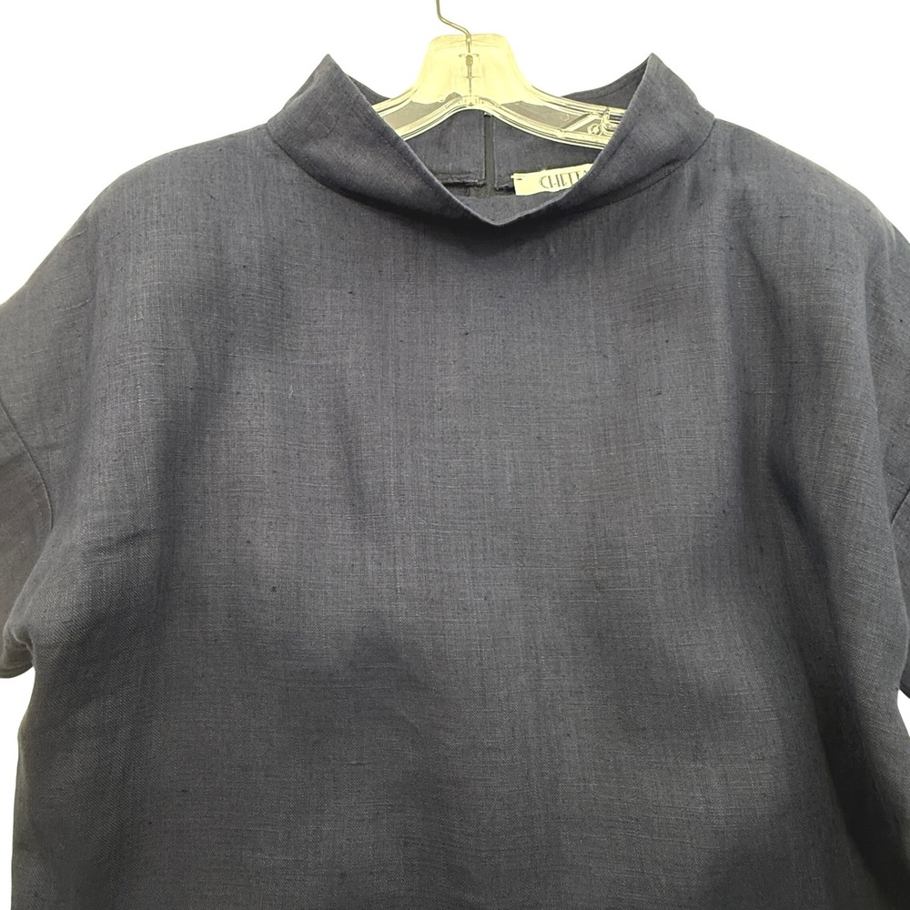 Chetta B Ann Taylor Dress Womens 6 Navy Blue Linen Mock Neck Shift Vintage 90s